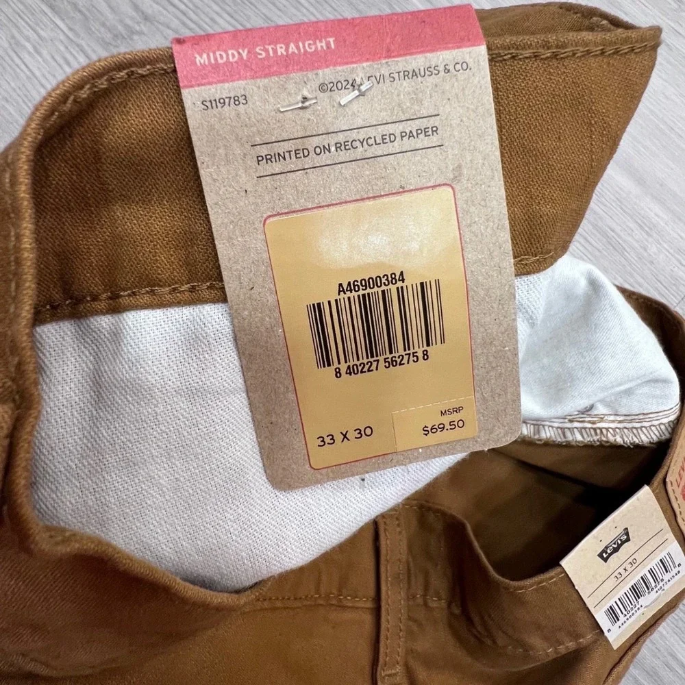 Levis Middy Straight Pants Brown Tobacco Cotton Mid Rise 33x30 NEW